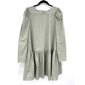 ICHI Pale Sage Green Crepe Puff Sleeve Oversized Pleated Short Dress Size Small
